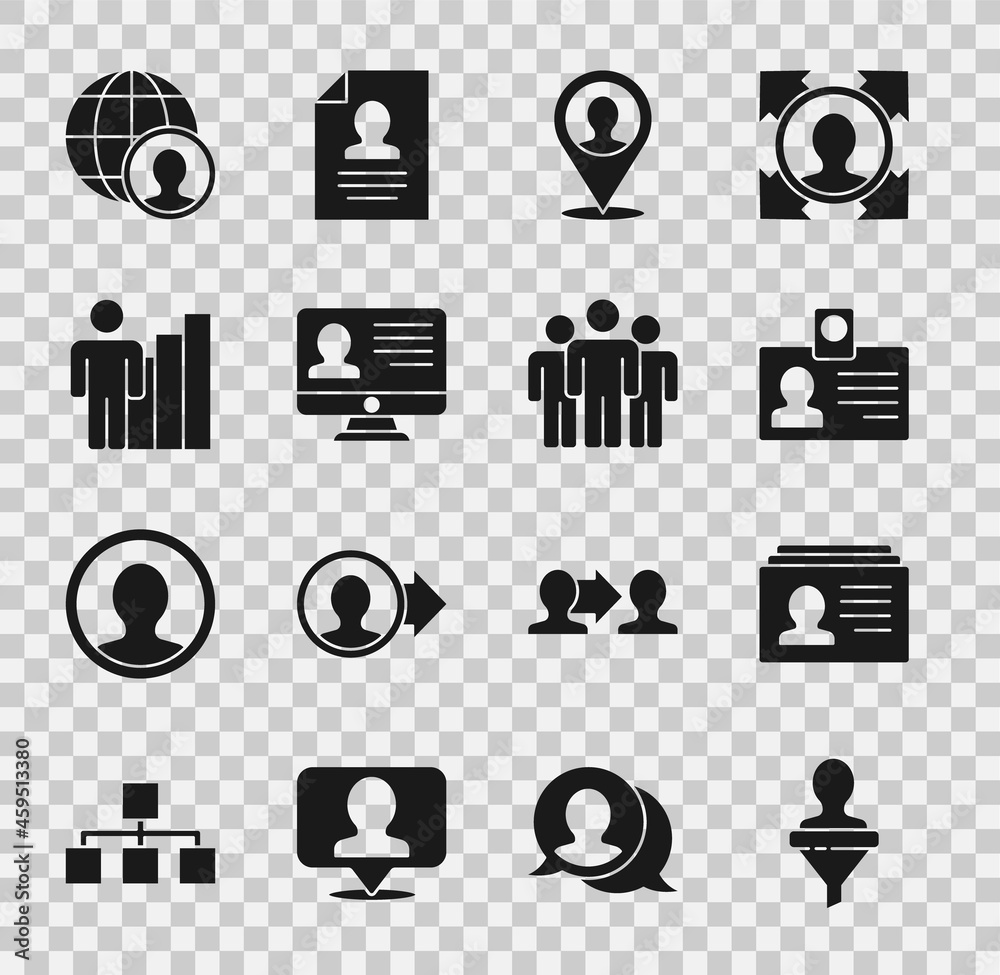 Set Head hunting, Resume, Identification badge, Location with person, Monitor resume, Productive human, Globe and people and Users group icon. Vector Set Head hunting, Resume, Identification badge, Location with person, Monitor resume, Productive human, Globe and people and Users group icon. Vector