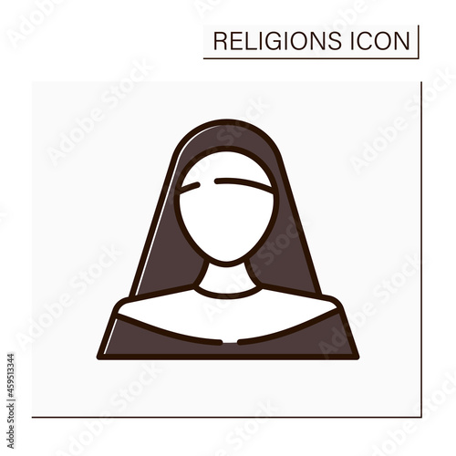 Nun color icon. Member of religious community of women. Living under vows of poverty, chastity, and obedience in enclosure of monastery.Religion concept. Isolated vector illustration