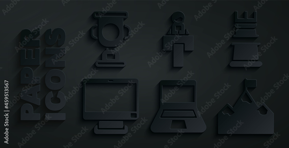 Set Laptop, Business strategy, Computer monitor, Mountains with flag, Stage stand tribune and Award cup icon. Vector Set Laptop, Business strategy, Computer monitor, Mountains with flag, Stage stand tribune and Award cup icon. Vector