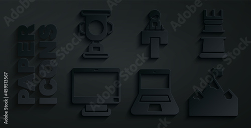 Set Laptop, Business strategy, Computer monitor, Mountains with flag, Stage stand tribune and Award cup icon. Vector