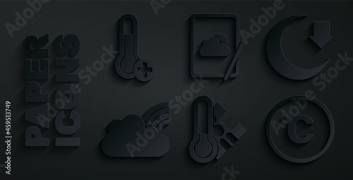 Set Meteorology thermometer, Moon, Rainbow with clouds, Celsius, Weather forecast and icon. Vector
