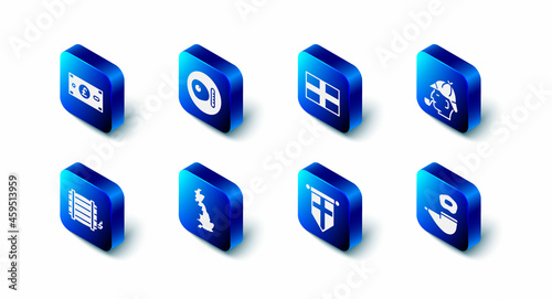 Set British breakfast, Flag of England, Sherlock Holmes, Smoking pipe, flag on pennant, map, Wooden barrel and Pound sterling money icon. Vector