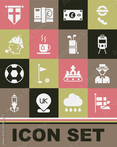 Set England flag on flagpole, Queen Elizabeth, Tram railway, Pound sterling money, Cup of tea with tea bag, Sherlock Holmes, pennant and Golf clubs icon. Vector