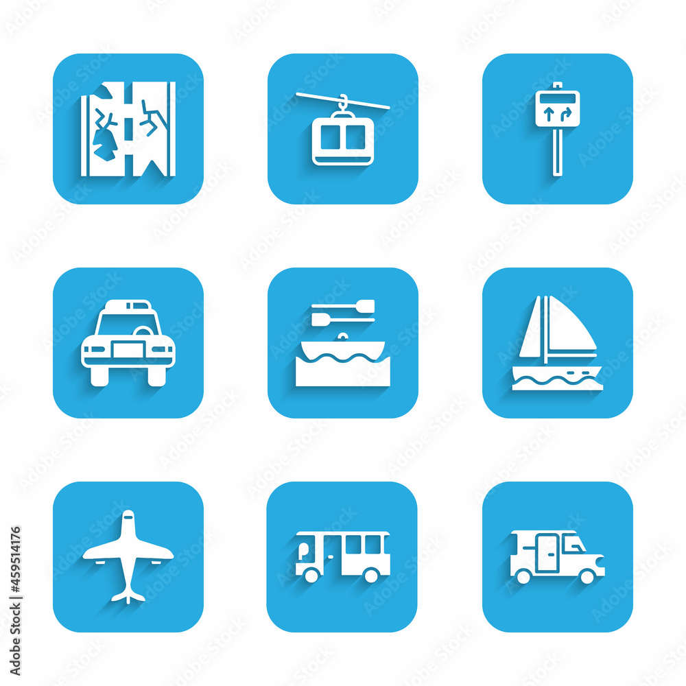 Set Boat with oars, Bus, Minibus, Yacht sailboat, Plane, Police car and flasher, Road traffic signpost and Broken road icon. Vector
