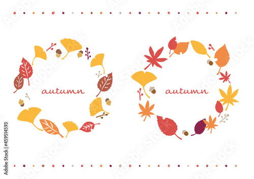 手描き　秋　紅葉　落ち葉　葉っぱ　フレーム　リース