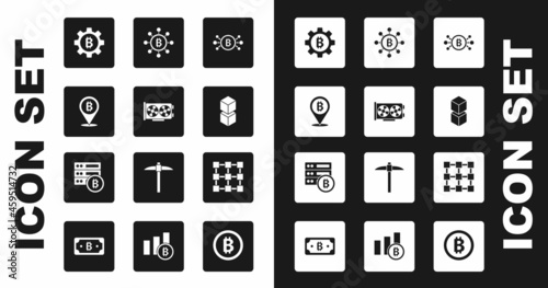 Set Bitcoin in circuit, Video graphic card, Cryptocurrency, Blockchain technology, and Server bitcoin icon. Vector