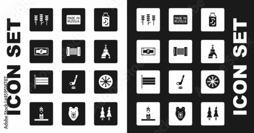 Set Pickled cucumbers in a jar, Accordion, Russian ruble banknote, Wheat, The Tsar bell, Made, Snowflake and National flag icon. Vector