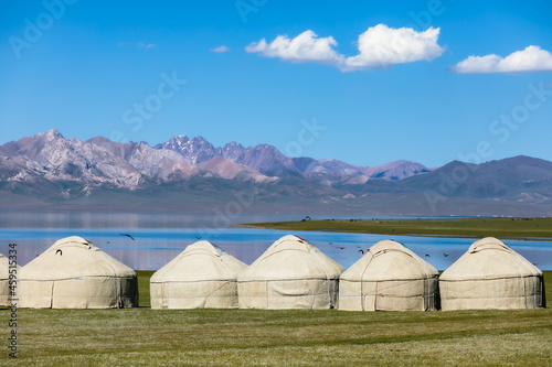 Kyrgyz yurts on the shore of mountain lake. High quality photo photo