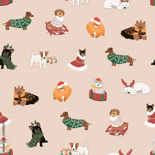 Christmas celebration with dog pets seamless vector pattern