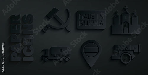 Set Location Russia, Church building, Tanker truck, Cannon, Made and Hammer and sickle USSR icon. Vector