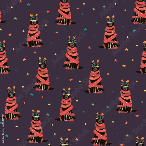 Christmas seamless vector pattern with funny black dog 