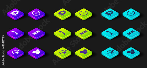 Set Stopwatch, Sports nutrition, Step platform, Weight plate and icon. Vector