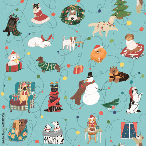 Christmas celebration with dog pets seamless vector pattern