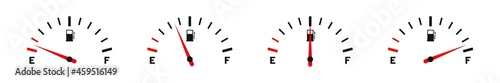 Fuel gauge. Set of fuel gauge indicators. Scale with arrow, empty and high level of fuel. Gas tank gauge icon. Vector