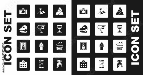 Set Rock stones, Security camera, Dinosaur skull, Photo, Medieval goblet, Egypt pyramids, Museum audio guide and Portrait museum icon. Vector