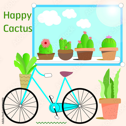 Vector Cactus Day with sunshine and bicycle.