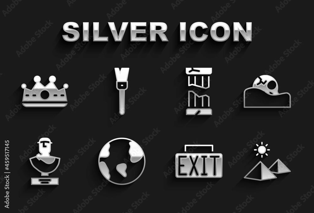 Set Earth globe, Human skull, Egypt pyramids, Exit sign, Ancient bust sculpture, Broken ancient column, King crown and Paint brush icon. Vector Set Earth globe, Human skull, Egypt pyramids, Exit sign, Ancient bust sculpture, Broken ancient column, King crown and Paint brush icon. Vector