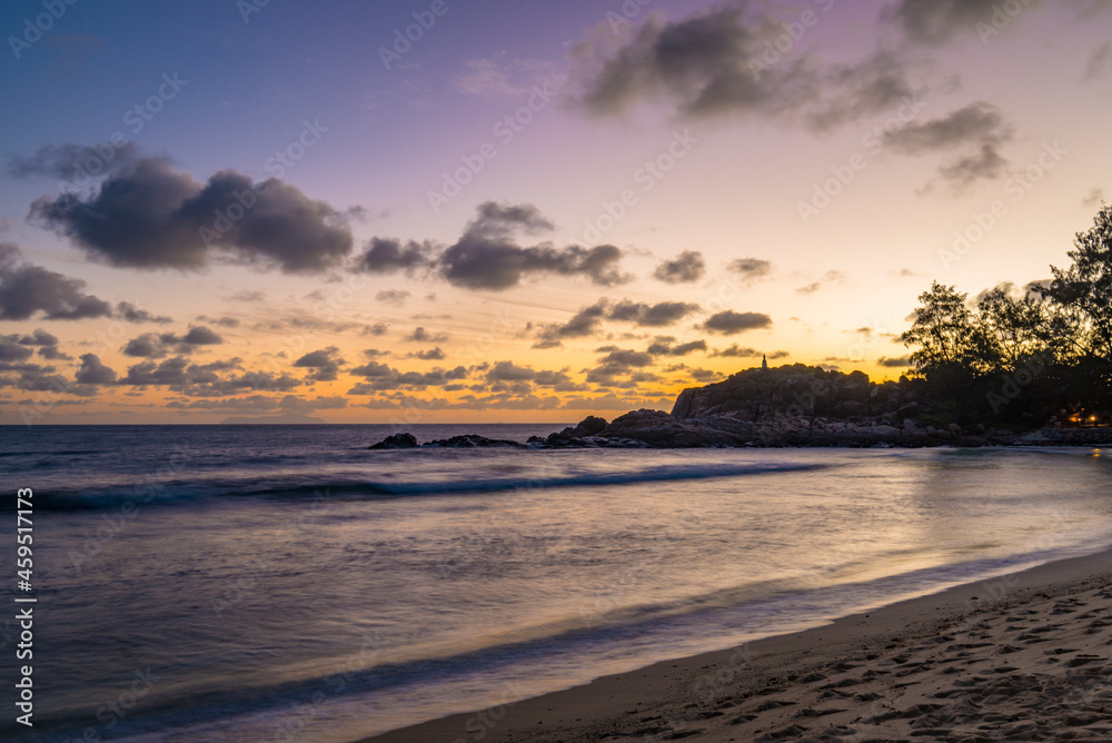 Dusk on the Grand Anse beach viewing on Pointe Ste Marie on Praslin island in Seychelles