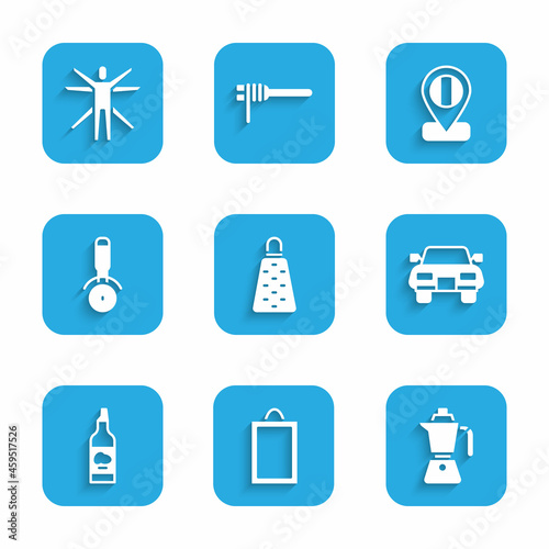 Set Grater, Picture, Coffee moca pot, Car, Bottle olive oil, Pizza knife, Location flag Italy and Vitruvian Man icon. Vector