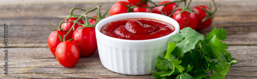 banner of White bowl of tomato sauce with parsley and tomato. Ketchup on natural wooden background