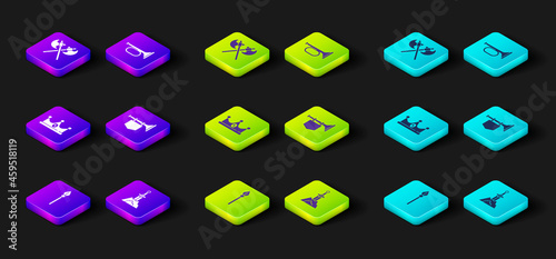 Set Medieval spear, Sword in the stone, King crown, Trumpet with flag, and Crossed medieval axes icon. Vector