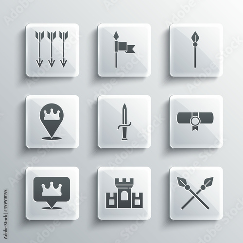 Set Castle, fortress, Crossed medieval spears, Decree, parchment, scroll, Dagger, Location king crown, arrows and Medieval icon. Vector © Kostiantyn