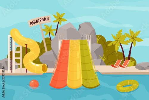 Water amusement park with slide for fun family vacation vector illustration. Cartoon swimming pool on tropical island beach, plastic tube waterslide for kids game with aquapark text background