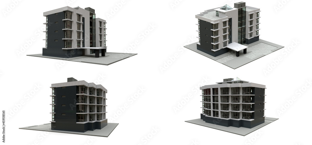 3d illustration. Small white-gray condominium with elevator and garage. 3d rendering.