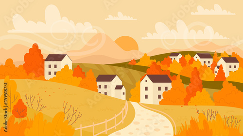 Autumn farm village, countryside landscape scene in yellow orange fall colors vector illustration. Cartoon rural road pathway to farmer houses and autumn gardens, agriculture field on hill background