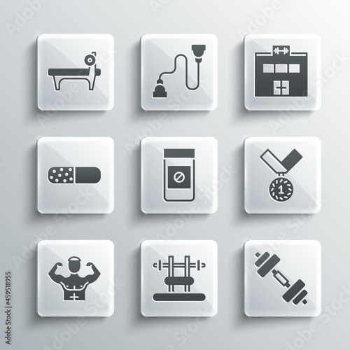 Set Bench with barbel, Dumbbell, Medal, Anabolic drugs, Bodybuilder muscle, Vitamin pill, and Gym building icon. Vector