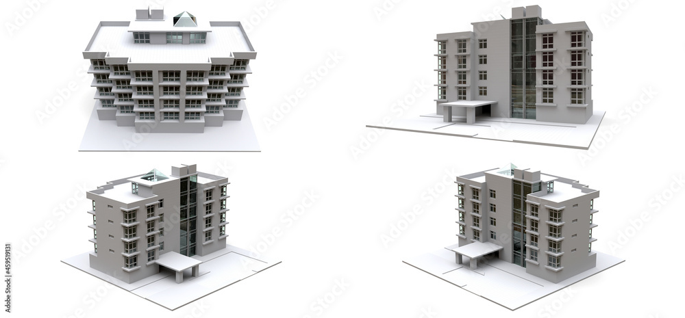 3d illustration. Small white-gray condominium with elevator and garage. 3d rendering. 3d illustration. Small white-gray condominium with elevator and garage. 3d rendering.