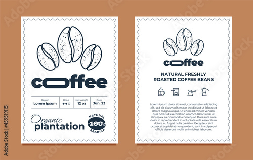 Coffee packaging label design template set. Organic plantation graphic modern tag or sticker for brand, logo, packing. Vector eps Illustration for arabica bean roaster company typography