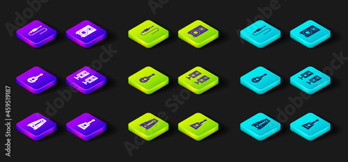 Set Metronome with pendulum, Balalaika, Guitar, Stereo speaker, and Audio jack icon. Vector