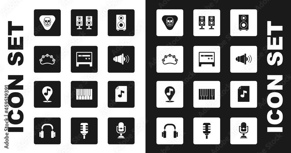 Set Stereo speaker, Guitar amplifier, Tambourine, pick, Speaker volume, Music book with note and Location musical icon. Vector Set Stereo speaker, Guitar amplifier, Tambourine, pick, Speaker volume, Music book with note and Location musical icon. Vector