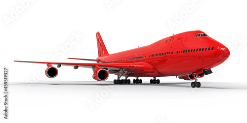 Large passenger aircraft of large capacity for long transatlantic flights. Red airplane on white isolated background. 3d illustration.