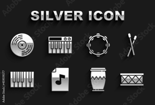 Set Music book with note, Drum sticks, Grand piano, Tambourine, Vinyl disk and synthesizer icon. Vector