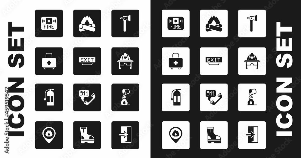 Set Firefighter axe, exit, First aid kit, alarm system, helmet, Campfire, Bucket extinguishing and extinguisher icon. Vector Set Firefighter axe, exit, First aid kit, alarm system, helmet, Campfire, Bucket extinguishing and extinguisher icon. Vector