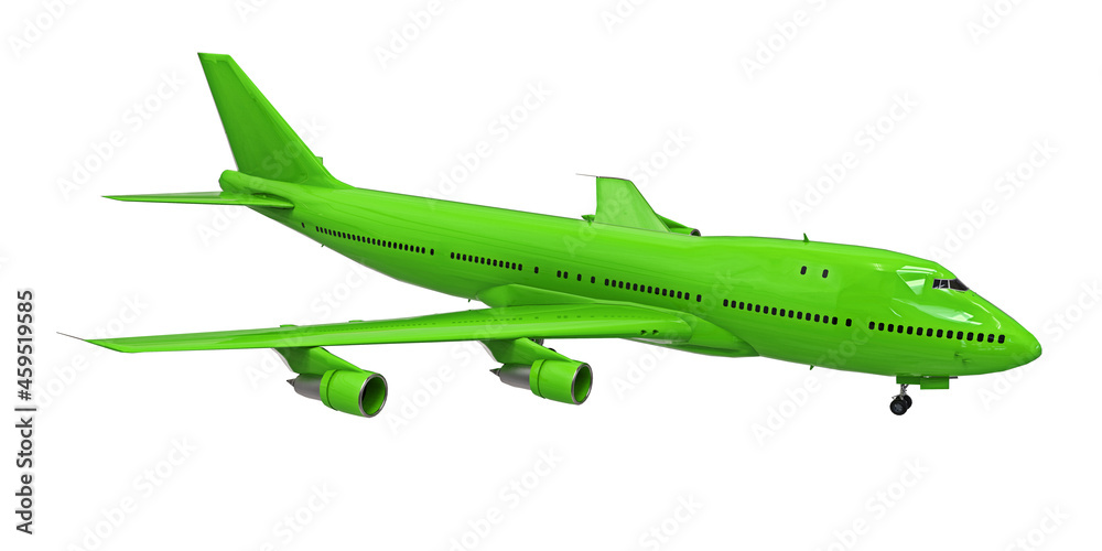 Green airplane on white isolated background. Large passenger aircraft of large capacity for long transatlantic flights. 3d illustration.