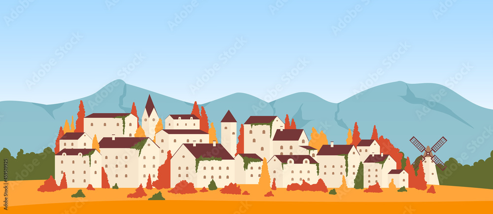 Autumn season in town or village mountain landscape vector illustration. Cartoon European city buildings among orange red trees, architecture and mill, autumn cityscape in Europe background