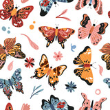 Butterfly, summer leaf and flowers seamless pattern vector illustration. Cartoon hand drawn colorful butterfly with beautiful wings flying in nature meadow, romantic decorative repeat background