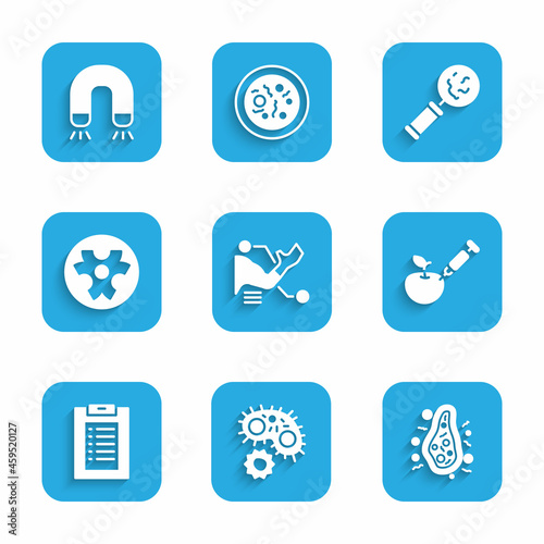 Set Prosthesis hand, Virus, Bacteria, Genetically modified apple, Clinical record, Biohazard symbol, Microorganisms under magnifier and Magnet icon. Vector