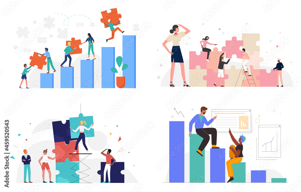 Business people build success collaboration, partnership concept set vector illustration. Cartoon teamwork organization of partners, employee characters holding puzzle jigsaw to work isolated on white