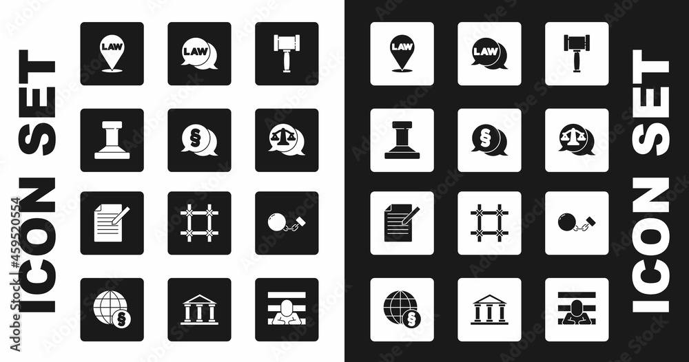 Set Judge gavel, Law, Stamp, Location law, Scales of justice, Ball chain and Document and pen icon. Vector Set Judge gavel, Law, Stamp, Location law, Scales of justice, Ball chain and Document and pen icon. Vector