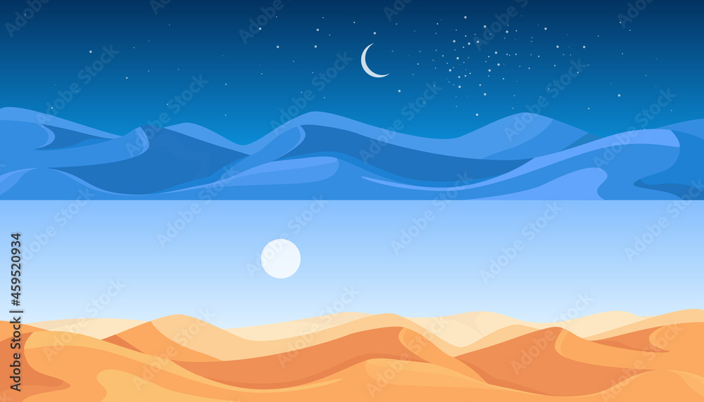 Egyptian desert landscape scene and sand dunes set vector illustration. Cartoon sandy nature panorama scenery with dry endless skyline hot of land by day and night, desert in Africa background