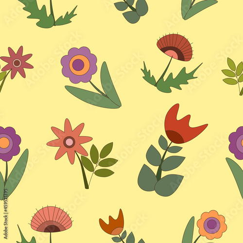 Vector stylish bright flower pattern on yellow background. Colorful pattern with separate flowers. Nice wrapping design.