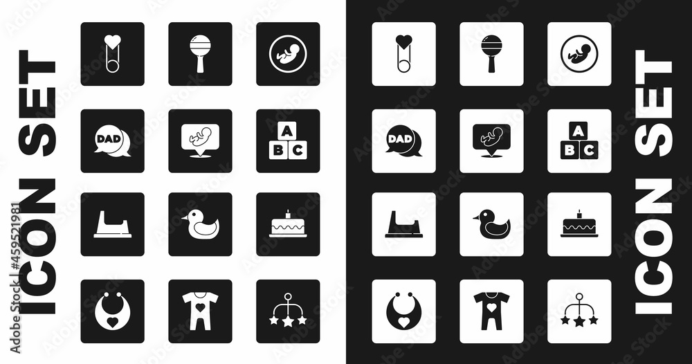 Set Baby, Speech bubble dad, clothes pin, ABC blocks, Rattle baby toy, Cake with burning candles and potty icon. Vector Set Baby, Speech bubble dad, clothes pin, ABC blocks, Rattle baby toy, Cake with burning candles and potty icon. Vector