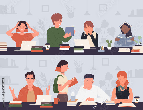 Student people study and work hard vector illustration set. Cartoon tired boy girl characters do homework, sad teens learn, read books to prepare for university exams, education problem background