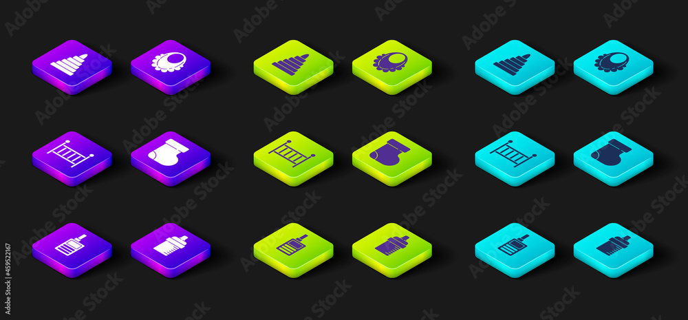 Set Baby Monitor Walkie Talkie, bottle, crib cradle, socks clothes, bib and Pyramid toy icon. Vector Set Baby Monitor Walkie Talkie, bottle, crib cradle, socks clothes, bib and Pyramid toy icon. Vector