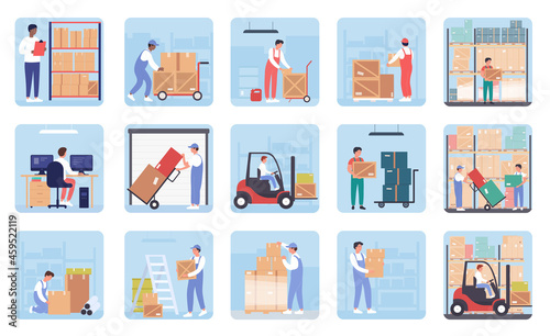 People work in warehouse, logistic service set vector illustration. Cartoon worker characters carry cardboard boxes, using forklift to load parcel packages in storage building interior background