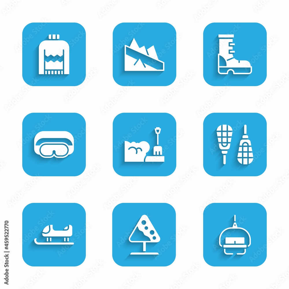 Set Shovel in snowdrift, Road sign avalanches, Ski lift, Snowshoes, Sled, goggles, Waterproof rubber boot and Christmas sweater icon. Vector